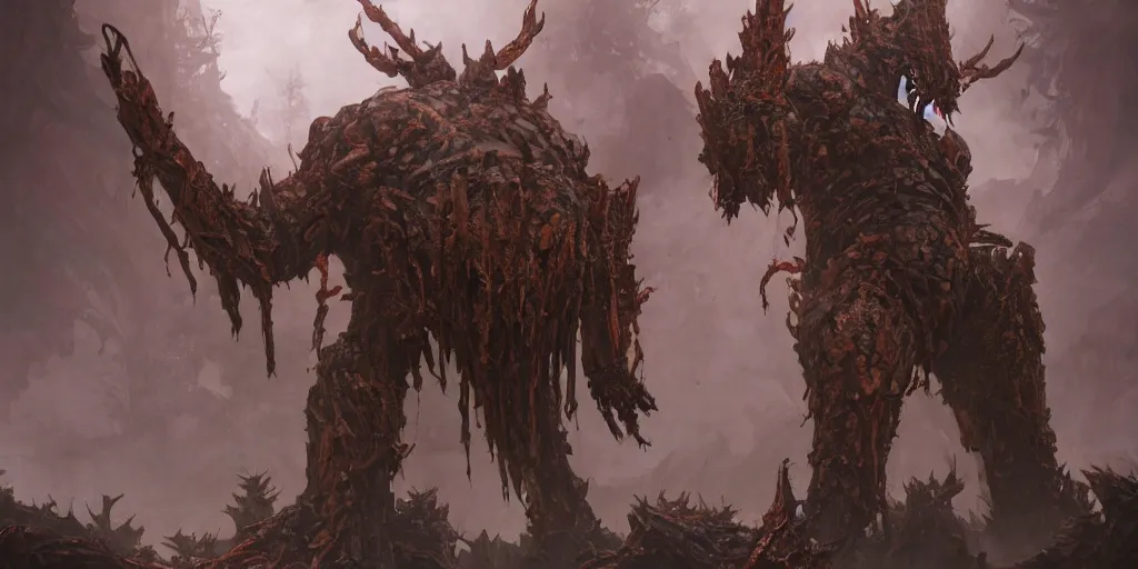 Prompt: Rusted copper four armed colossus, character design sheet, Monster Hunter Illustrations art book, giant, trees growing on its body, enormous hands, long limbs, horns on its head, bright pale blue eyes, Moebius, Greg Rutkowski, Zabrocki, Karlkka, Jayison Devadas, Phuoc Quan, trending on Artstation, 8K, ultra wide angle, zenith view, pincushion lens effect.