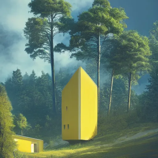 Prompt: futuristic yellow house on a hill with big trees, multiple moons, dramatic lighting, artstation, matte painting, raphael lacoste, simon stalenhag, frank lloyd wright, zaha hadid