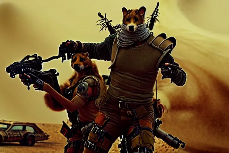 Image similar to a good ol'weasel fursona ( from the furry fandom ), heavily armed and armored facing down armageddon in a dark and gritty version from the makers of mad max : fury road. witness me.