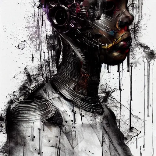 Image similar to black female cybernetic dream hunter, cyberpunk, wires, skulls!! machines ( by emil melmoth zdzislaw belsinki craig mullins yoji shinkawa ) realistic render ominous detailed photo atmospheric by jeremy mann francis bacon and agnes cecile ink drips paint smears!! digital glitches glitchart!!