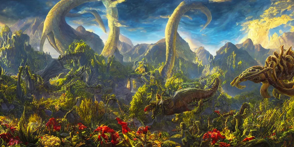 Image similar to fantasy oil painting, great leviathan, cybernetic turtle cephalopod terrapin reptilian pachyderm squid, bella hadid, hybrid, milla jovovich, anubis, epic natural light, lush plants flowers, spectacular mountains, bright clouds, luminous sky, outer worlds, golden hour, michael cheval, edward hopper, michael whelan, vray, hd