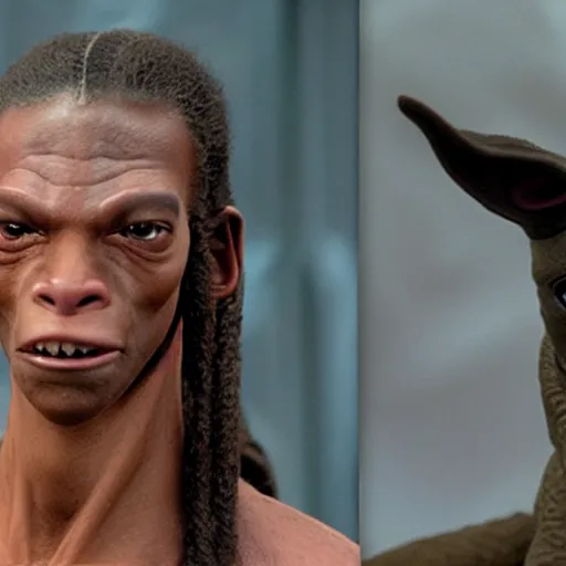 Image similar to a film still of jar jar binks son in star wars realistic, detailed