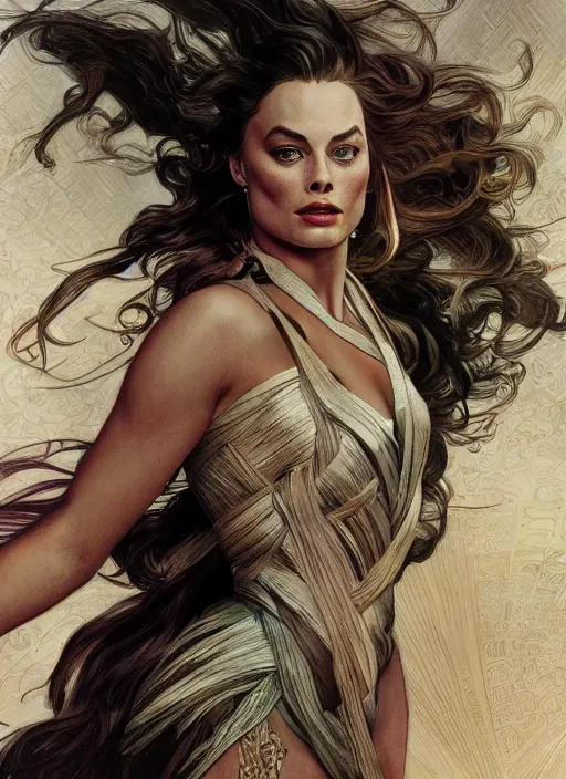 Image similar to Margot Robbie as God of Mischief, brutal, epic, intricate, elegant, highly detailed, digital painting, 4k, HDR, concept art, smooth, sharp focus, illustration, art by alphonse mucha,artgerm, H R Giger