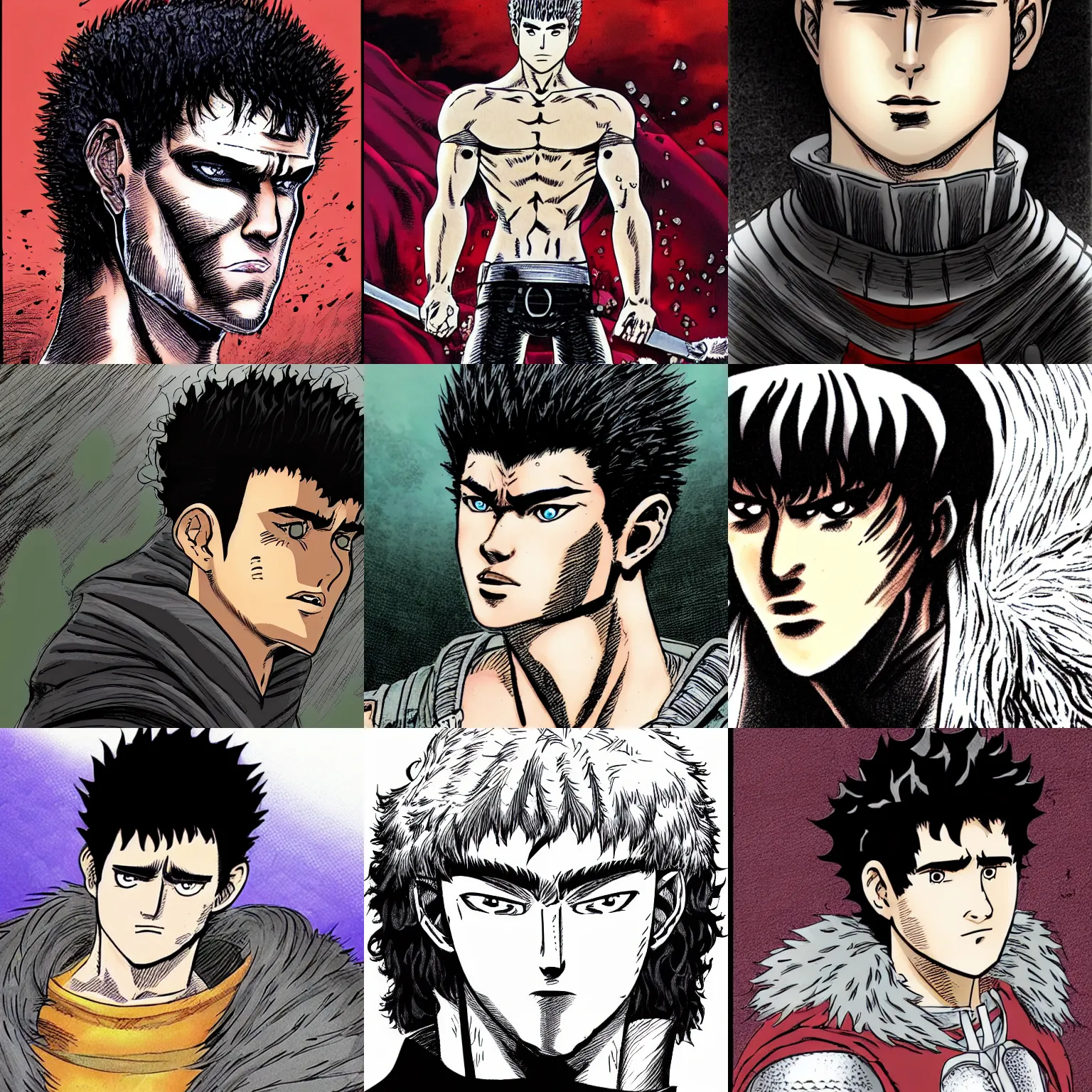 Prompt: guts from the berserk comics hair with perm and lipbite