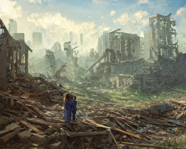 Image similar to a family photo in a wooden frame laying on rubble, ruins, post-apocalyptic, end of the world. By Makoto Shinkai, Stanley Artgerm Lau, WLOP, Rossdraws, James Jean, Andrei Riabovitchev, Marc Simonetti, krenz cushart, Sakimichan, trending on ArtStation, digital art.