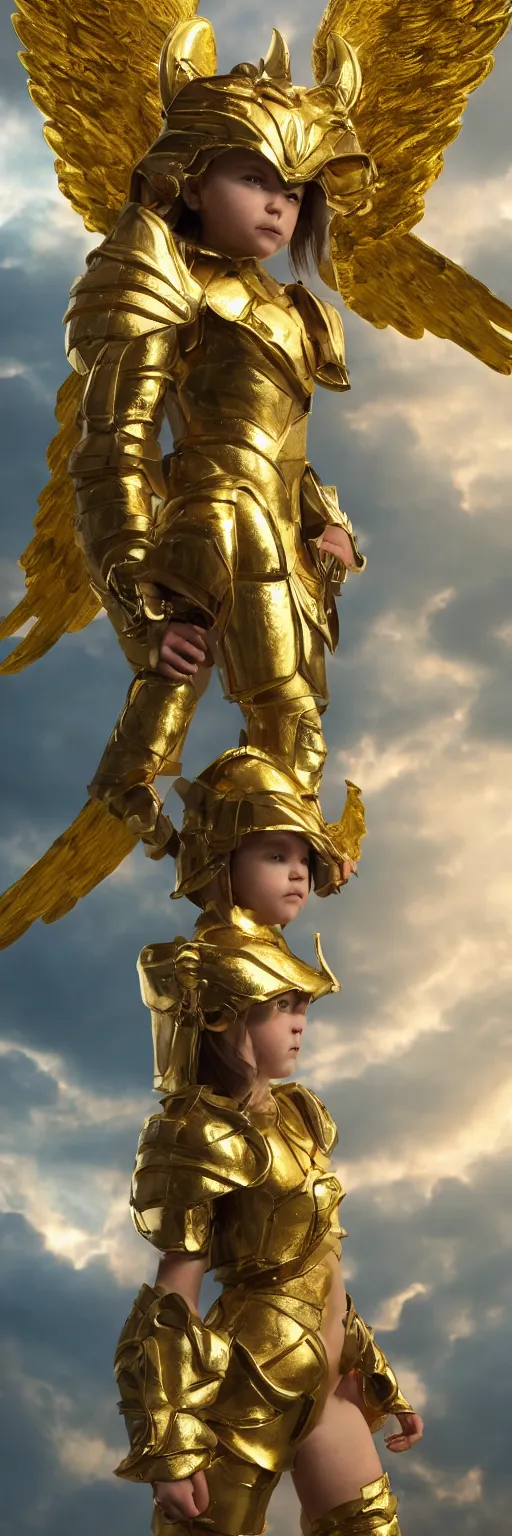 Image similar to a full length single young girl wearing a gold armor fighting angels in the sky, extremely realistic and highly detailed 8 k, sharp focus, octane render, dramatic volumetric lighting and extremely realistic faces