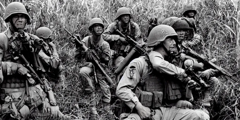 Image similar to u. s. marines move through a landing zone 1 9 6 9, vietnam war, soldiers closeup, face closeup, us flag, jungles in the background, coloured film photography, exposed colour film, ken burns photography lynn novick photography