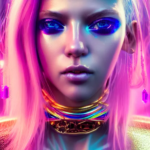 Prompt: hyperdetailed portrait of a stunningly beautiful cyberpunk cutie european girl with blonde hair guard made of iridescent metals and shiny pink gems, bright rainbow nimbus, gold necklace, gold background inspired by ross tran and masamune shirow and kuvshinov, intricate, photorealistic, octane render, rtx, hdr, unreal engine, dnd digital art by artgerm