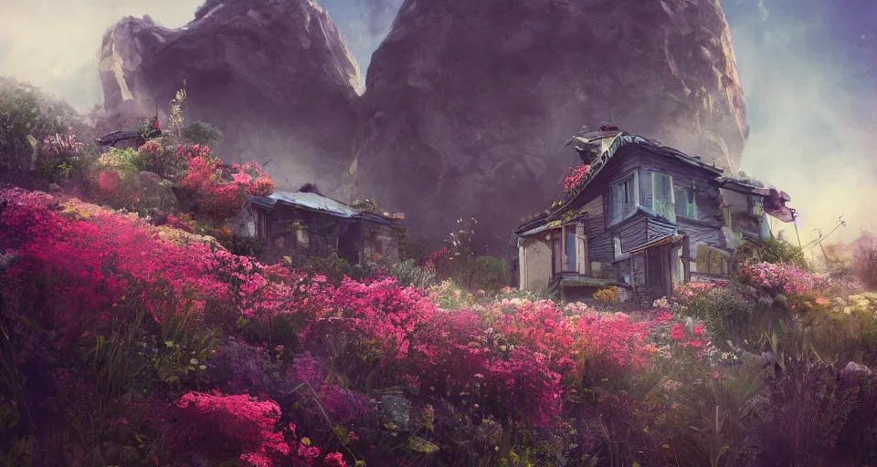 Prompt: small house in canyon filled with flowers, giant space ship in the background, photorealistic, trending on artstation, moody