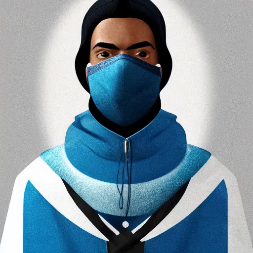 Prompt: a highly detailed, portrait of a man with black hair with a black medical mask, in a hood in the form of a blue shark with white teeth, artstation, DeviantArt, professional, octane render, digital art