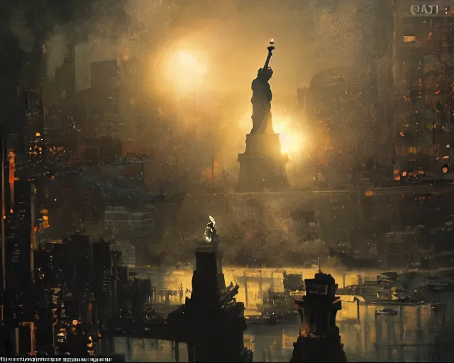 Image similar to giant Donald Trump boxing the Statue of Liberty fight in Manhattan, post apocalyptic New York, craig mullins, dramatic lighting, very detailed
