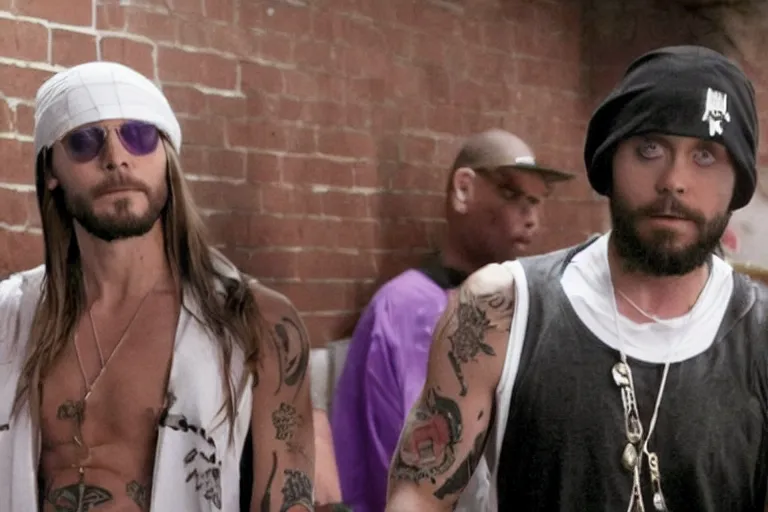 Image similar to medium full shot of jared leto as a white gang member wearing a purple head covering made from a polyester or nylon material and a white tank top outside a trap house in the new movie directed by ice cube, movie still frame, arms covered in gang tattoo, promotional image, critically condemned, top 1 5 worst movie ever imdb list, public condemned, relentlessly detailed