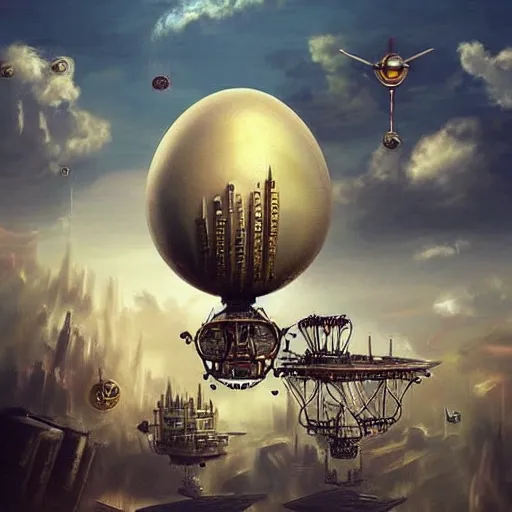 Image similar to flying city in a mechanical egg, sky, steampunk!!!, fantasy art, steampunk, masterpiece, unreal