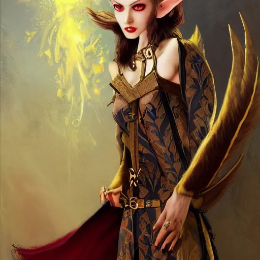 Image similar to a beautiful and androgynous half - elf with almond skin tone and messy short red hair and catlike features with yellow eyes with slit pupils, dressed in a jodhpuri suit, dnd character, golden aura, realistic portrait by ross tran and gerald brom and kehinde wiley and fernando amorsolo, trending on artstation