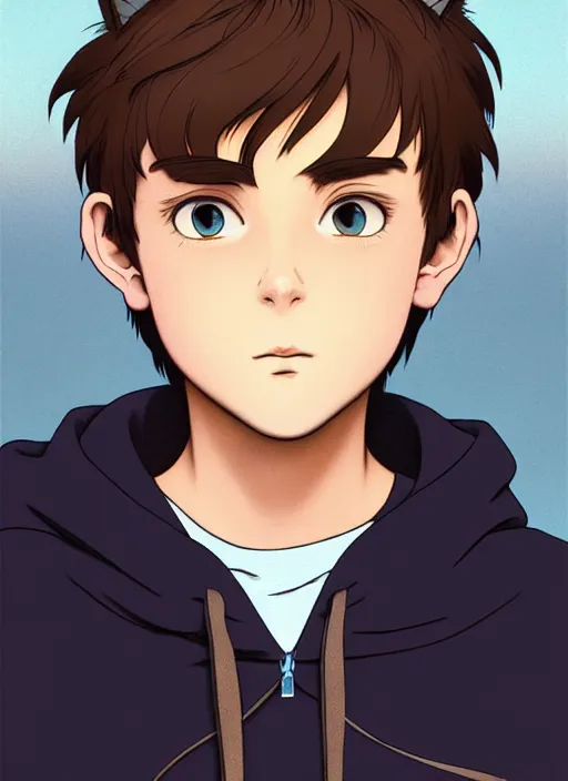 Image similar to teen boy with brown hair and big blue eyes, wearing a black hoodie with cat ears on top of it, natural lighting, path traced, highly detailed, high quality, cartoon, digital painting, by don bluth and ross tran and studio ghibli and alphonse mucha