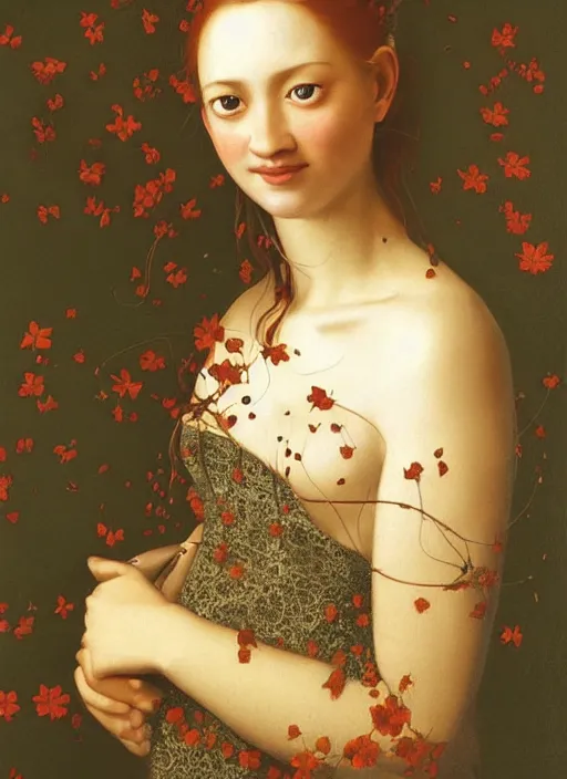 Image similar to a happy a young woman wearing a sophisticated dress, among the lights of golden fireflies and nature, long loose red hair, intricate details, green eyes, freckles on the nose, round gentle face, full figure portrait, golden ratio, high contrast, photorealistic digital art by artemisia lomi gentileschi and caravaggio and tomacz alen kopera.