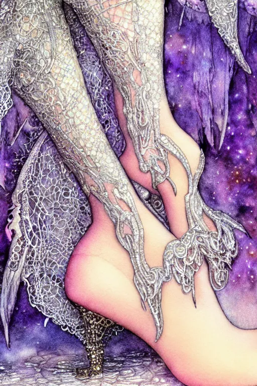 Image similar to realistic closeup of foot in crystal high heel shoe surrounded by lace fabric, fantasy art, trending on artstation, sleeping beauty fairytale, art by luis royo and walter crane and kay nielsen, watercolor illustration,