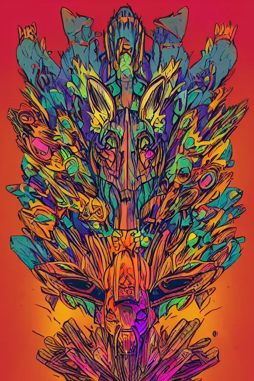 Image similar to animal mask totem roots flower tribal feather gemstone plant wood rock shaman vodoo video game vector cutout illustration vivid multicolor borderlands comics by josan gonzales and dan mumford radiating a glowing aura