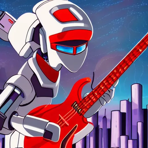 Image similar to A cell animation of a robot shredding a guitar solo in a futuristic city street, macross, gundam, ghibli style, illustration, anime, trending on artstaion