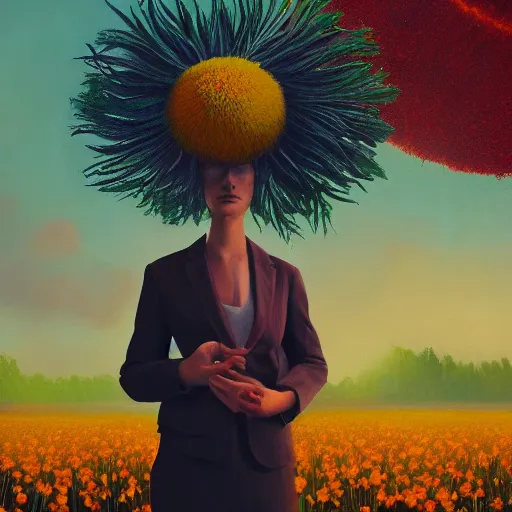 Image similar to giant daisy flower head, frontal, girl in a suit, surreal photography, sunrise, dramatic light, impressionist painting, digital painting, artstation, simon stalenhag