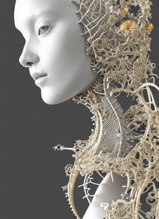 Image similar to complex 3d render ultra detailed of a beautiful porcelain profile woman face, mechanical cyborg, 150 mm, beautiful natural soft light, rim light, silver gold details, ghost orchid big leaves and stems, roots, fine foliage lace, maze like, mesh wire, white metal neocubism armor, intricate details, hyperrealistic, ultra detailed, mandelbrot fractal, anatomical, red lips, facial muscles, cable wires, microchip, elegant, octane render, H.R. Giger style, 8k