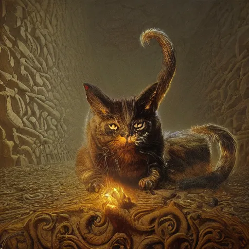 Prompt: photorealistic demonic cat in the style of michael whelan and gustave dore. hyperdetailed photorealism by greg rutkowski. 1 0 8 megapixels, 3 d finalrender, cinematic lighting