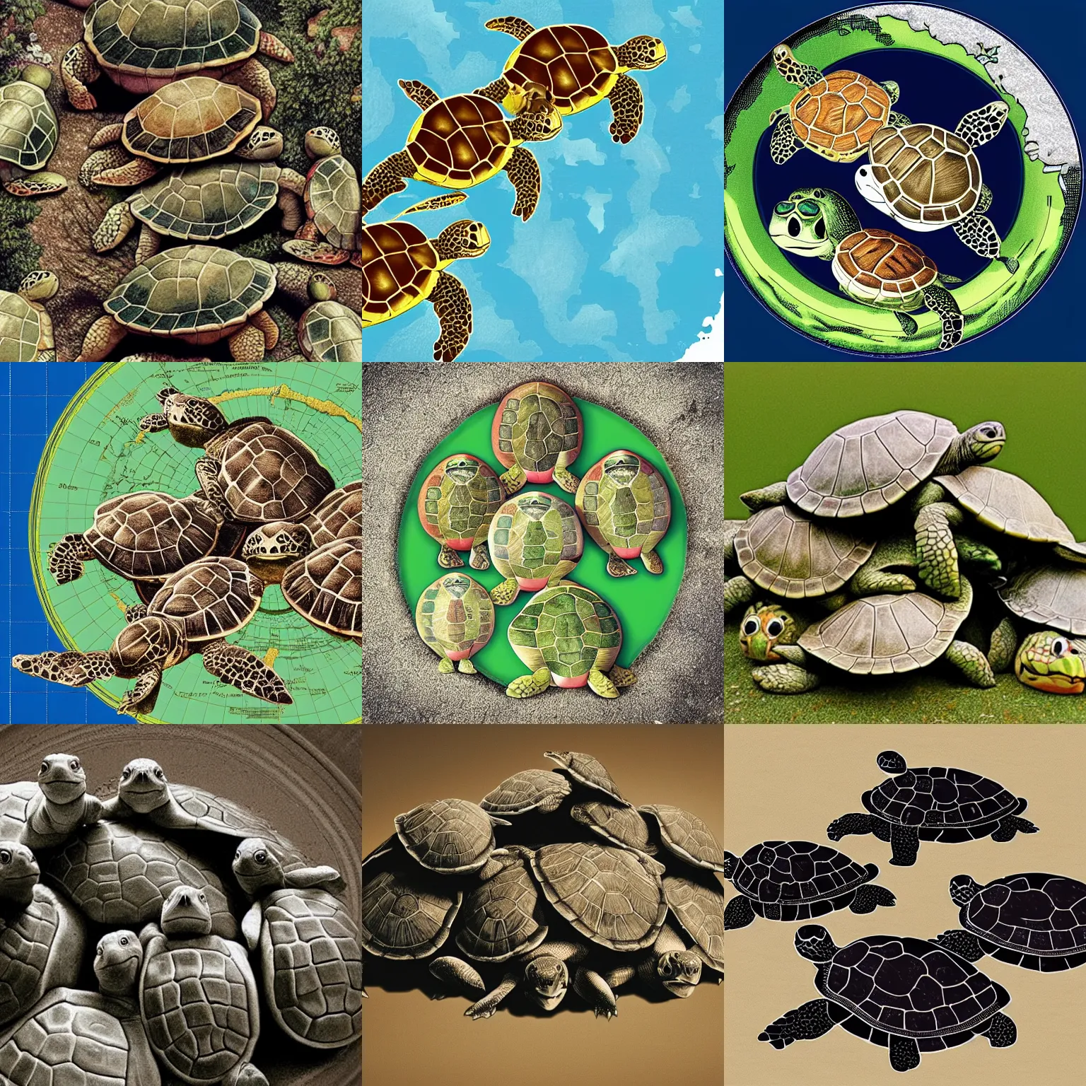 Image similar to a stack of turtles beneath a flat earth, round map, turtle pile