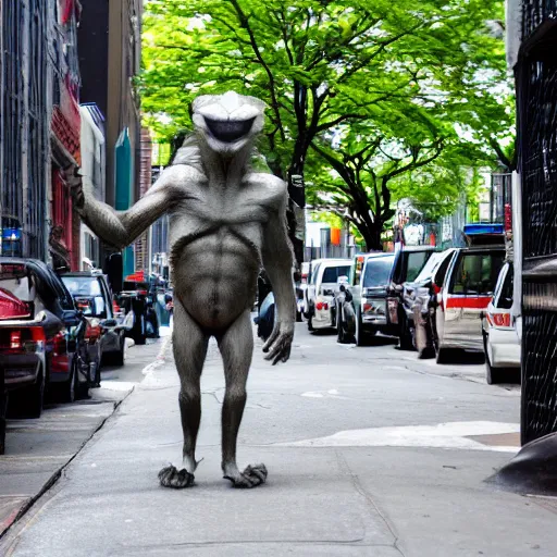 Image similar to cryptid creature walking around the streets of New York City in Upper Manhattan