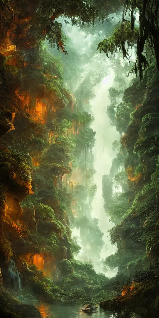 Prompt: Intricate detailed illustration, An oriental rainforest with peaceful fire and water giants , cinematic lighting, by Philip Hood, wide angle, volumetric light scattering, 8k, artstation, concept art,