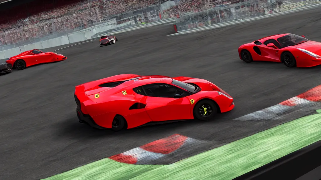 Prompt: forza motorsport screenshot of a ferrari on a racetrack