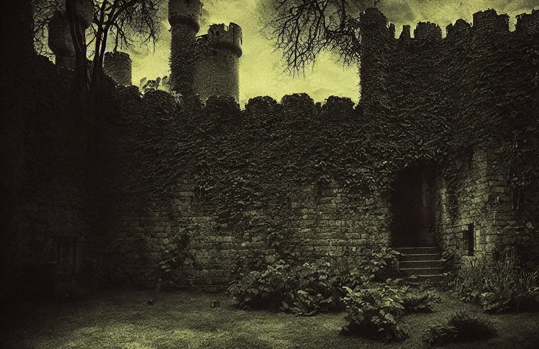 Prompt: sequestered corner of a garden within a castle walls intact flawless ambrotype from 4 k criterion collection remastered cinematography gory horror film, ominous lighting, evil theme wow photo realistic postprocessing nile river 5 meo painting by claude gellee