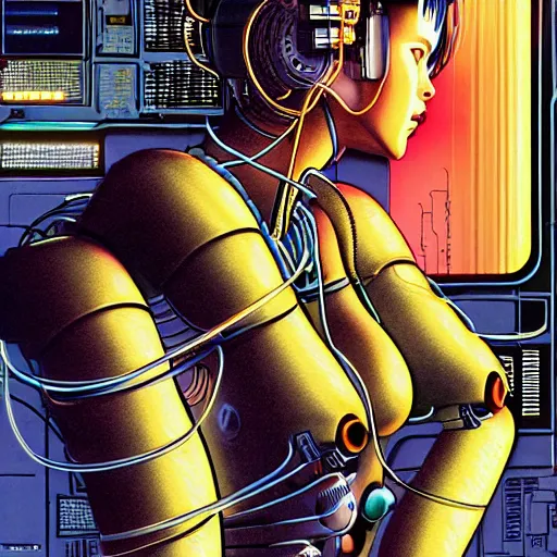 Image similar to a detailed airbrush cyberpunk illustration of a female android seated on the floor in a tech labor, seen from the side with her body open showing cables and wires coming out, by masamune shirow, hajime sorayama, boris vallejo and katsuhiro otomo, japan, 1980s, dark, colorful