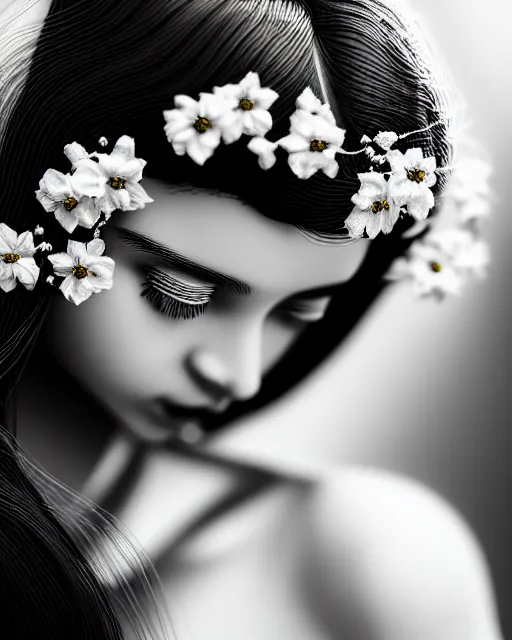 Image similar to black and white dreamy young beautiful veiled female artificial intelligence, realistic flowers ornament in the face, long hair are intricate with highly detailed realistic flowers, cinematic, rim light, bokeh, photo - realistic, elegant, high detail, 8 k, masterpiece, photo taken in 1 9 3 0