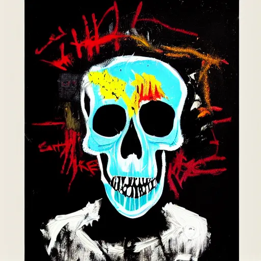 Prompt: Gritty splattered punk painting of the anatomy of a head, skull, and brain, painted by Basquiat. Dark background. Trending on artstation