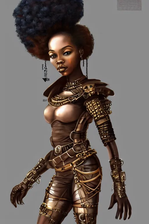 Image similar to beautiful steampunk african girl with a large afro holding. smart pose, tight futuristic armor, artgerm, trending on artstation, character concept art, bokeh