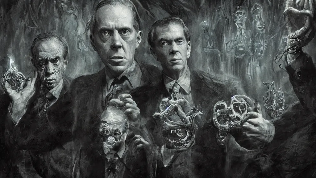 Prompt: Jorge Luis Borges and Howard Phillips Lovecraft with eldritch beings in his hand, 8K, concept art, filmic, HDR, hyperrealism, volumetric lighting, horror, Dark art
