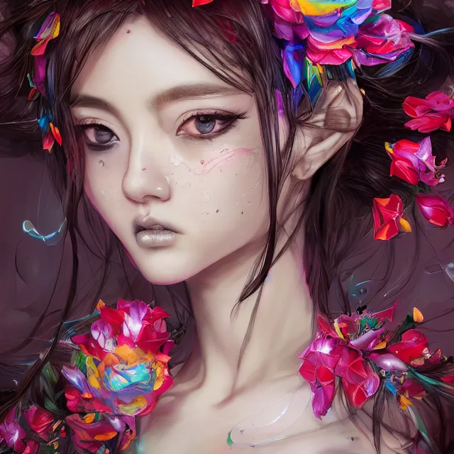 Image similar to studio portrait absurdly beautiful, elegant, lovely, young hypercolorful sensual anime woman rubies red petals gems, ultrafine hyperrealistic detailed face illustration by kim jung gi, irakli nadar, intricate linework, sharp focus, bright colors, matte, octopath traveler, final fantasy, unreal engine highly rendered, global illumination, radiant light, intricate rainbow environment