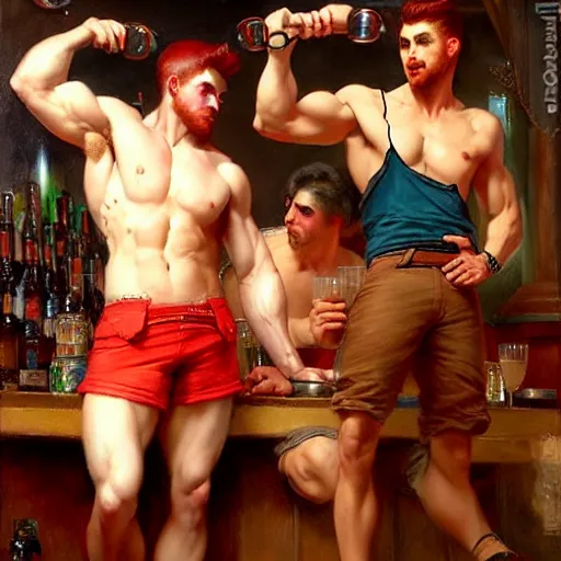 Image similar to attractive muscular male with red hair and attractive muscular male with black hair. pants and shorts, drinking their hearts out, having fun, in a pub. highly detailed and very defined painting by gaston bussiere, j. c. leyendecker, craig mullins 8 k