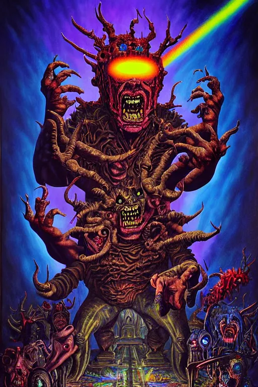 Image similar to a hyperrealistic painting of an epic boss fight against an ornate supreme telekinetic dark overlord, cinematic horror by chris cunningham, lisa frank, richard corben, highly detailed, vivid color,