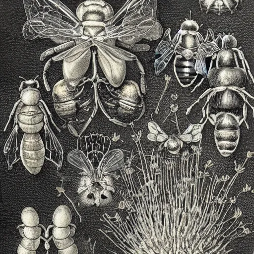 Image similar to it may be fungus below but its bees above, by Kelly Stanford, Beatrix Potter, Matthew Willey, Phyllis Ma, Willem Claesz Heda, Karl Blossfeldt, Ernst Haeckel, Otto Marseus van Schrieck, Sir William Nicholson, ultra detail, sharp focus