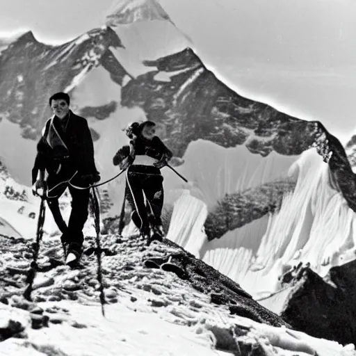 Image similar to b&w photo of Frida kahlo and Salvador Dali skiing down mount Everest