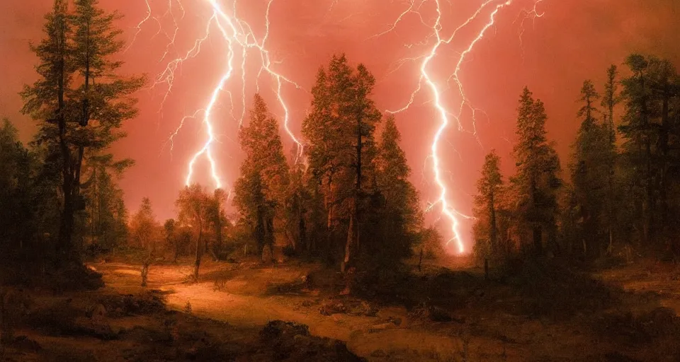 Prompt: red glow, windy, by eugene von guerard, ivan shishkin, night, lightning!!, storm!, dramatic lighting, concept art, trending on artstation, 8 k