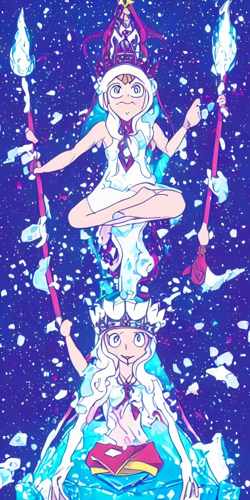 Prompt: a spiritual guru sitting on a throne of ice drawn by studio trigger, in the style of Little Witch Academia, spiritual enlightenment, tradition, conformity, morality, ethics