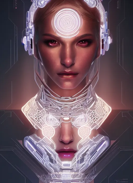 Image similar to portrait of female ex - machina humanoid, intricate, elegant, glowing lights, highly detailed, digital painting, artstation, glamor pose, concept art, smooth, sharp focus, illustration, art by artgerm and greg rutkowski