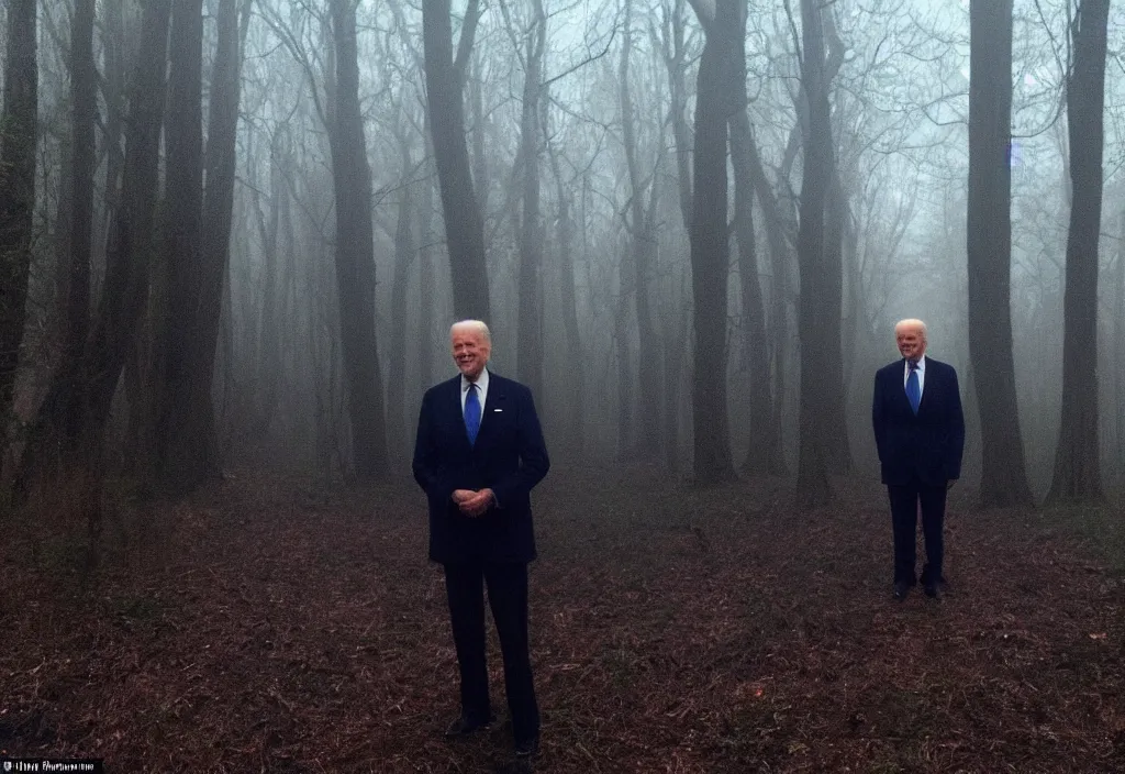 Image similar to low quality iphone photo of joe biden standing ominously deep in the foggy woods with a demonic smile in his face, low visibility creepy