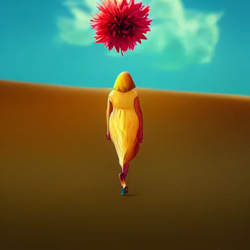 Image similar to closeup gigantic dahlia flower under head, a girl walking between dunes, surreal photography, sunrise, blue sky, dramatic light, impressionist painting, digital painting, artstation, simon stalenhag