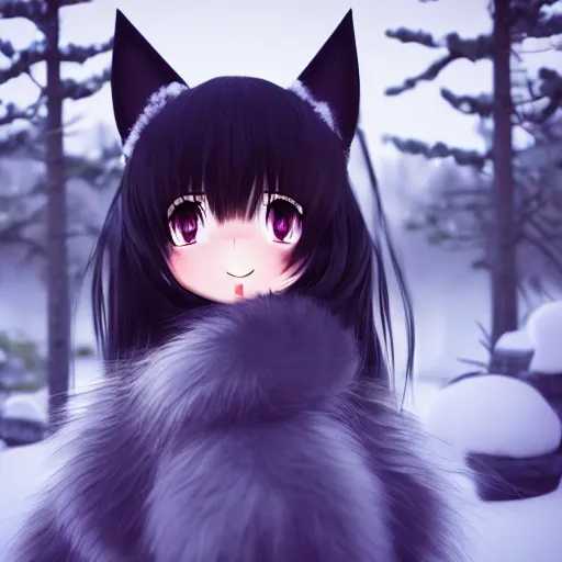 Prompt: render of a very cute joyful 3d anime girl, fluffy tail, wearing fluffy black scarf, long dress, mittens, black long curly hair, watery eyes, cat ears, in the magical forest, snow, medium shot, mid-shot, highly detailed, trending on Artstation, Unreal Engine 4k