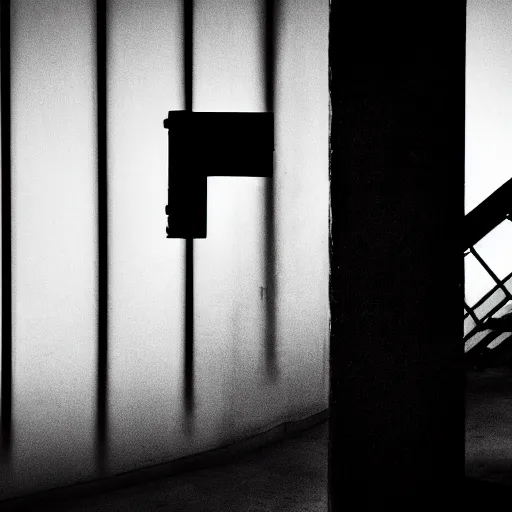 Image similar to black and white security camera image of a black silhouette of a man caught in an abandoned brutalism structure