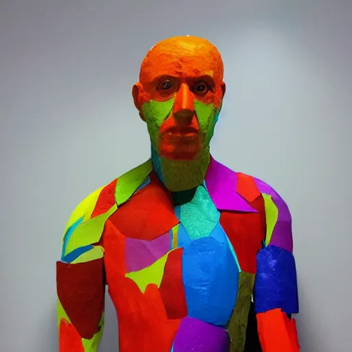 Prompt: a photograph of a man made entirely of colorful papier mache