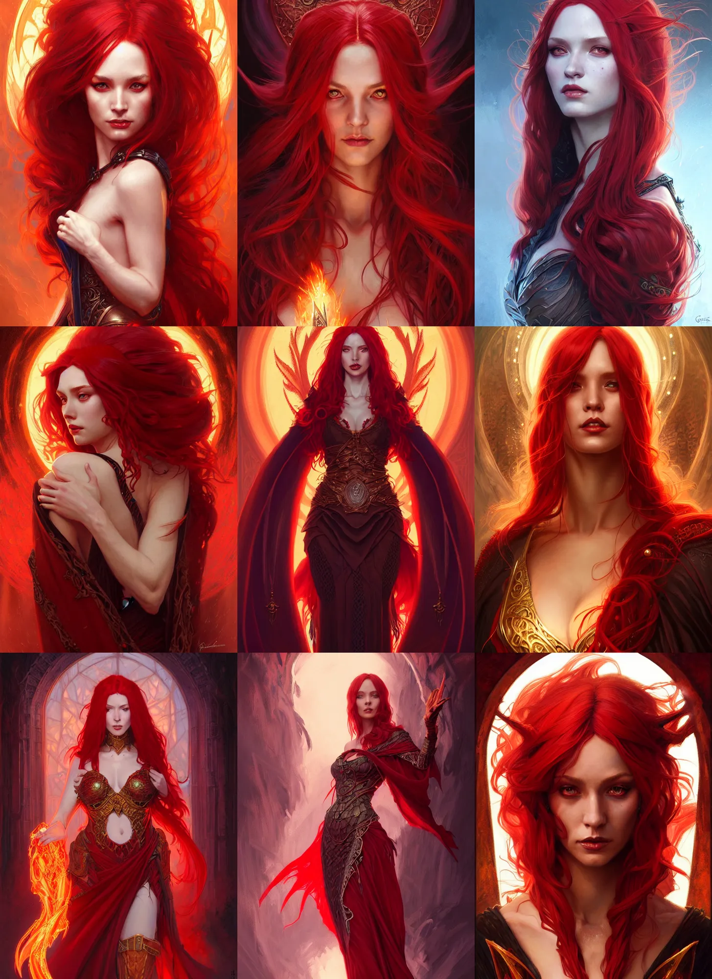 Prompt: portrait of sorceress ; red hair, dragonblooded, sorceress, fantasy, wizard cloak, fireballs!! full body, intricate, elegant, highly detailed, digital painting, artstation, concept art, smooth, sharp focus, illustration, art by artgerm and greg rutkowski and alphonse mucha